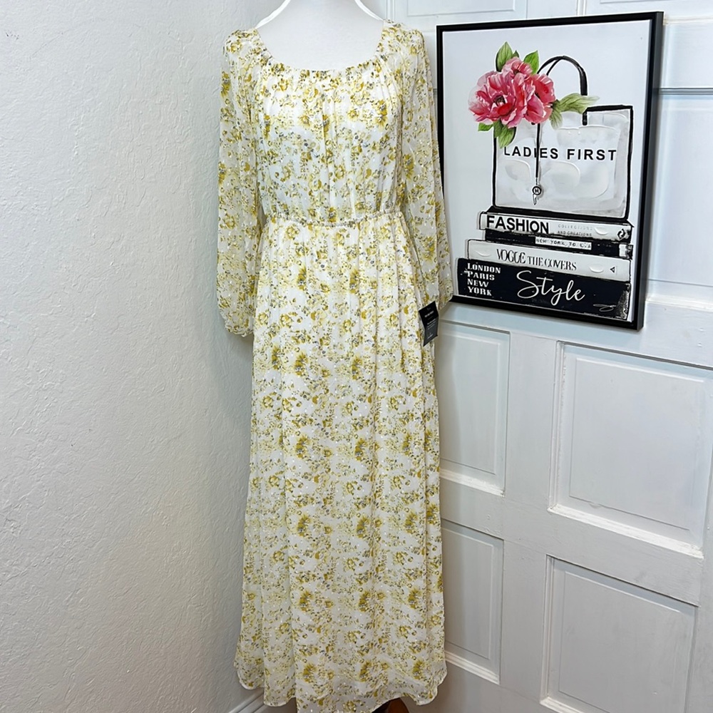 NWT Lulu’s Yellow Floral Long Sleeve Midi Dress Size M